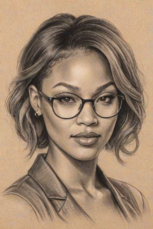 Ravishing Meagan Good, pencil sketch, portrait of Bewitching woman 1922s in glasses, hair style beatnik, outline, clear lines, fine lines, 8k