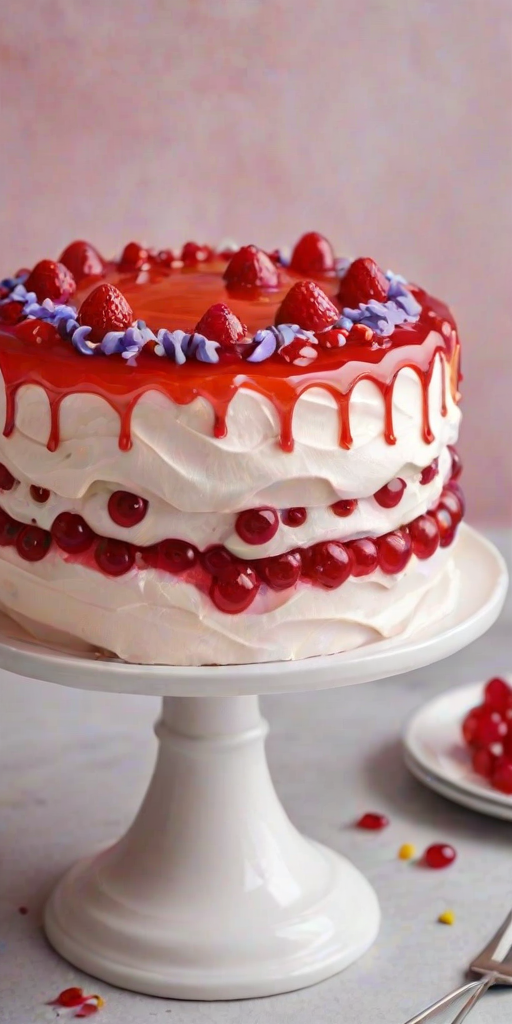 Generate an image of a beautifully decorated cake with a rich red jelly topping. The cake should be adorned with a variety of colorful meringue swirls, edible flowers, and sprinkles. The base of the cake should have a smooth pink frosting, and the overall look should be elegant and inviting, set against a light background.