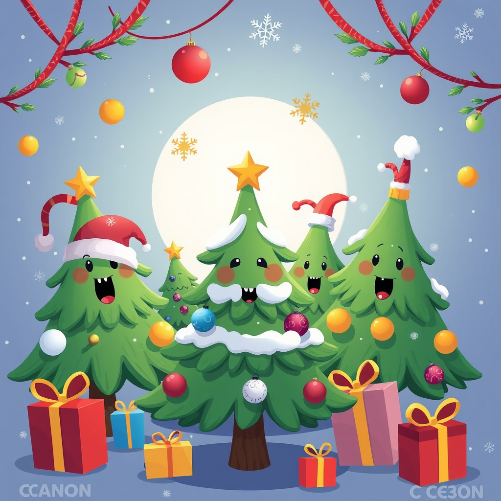 Create a festive illustration of cartoon Christmas trees with varying expressions, adorned with ornaments, gifts, and holiday hats, using a bright color palette; use a Canon EOS R5, 50mm lens, f/2.8, ISO 100, in a high-resolution digital art style to enhance clarity and vibrancy.
