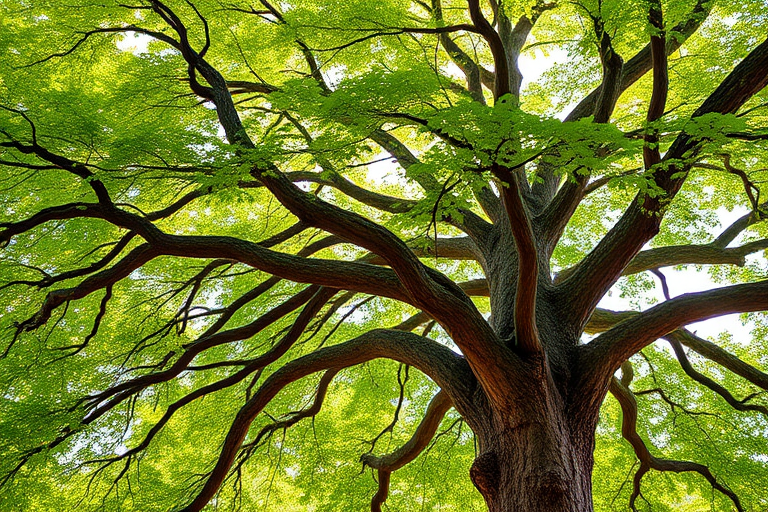 A vibrant green tree with a thick brown trunk and gracefully arching branches, captured in high resolution with a DSLR camera, 50mm lens, f/4 aperture, ISO 100, natural lighting, and a slight vignette effect for added depth.