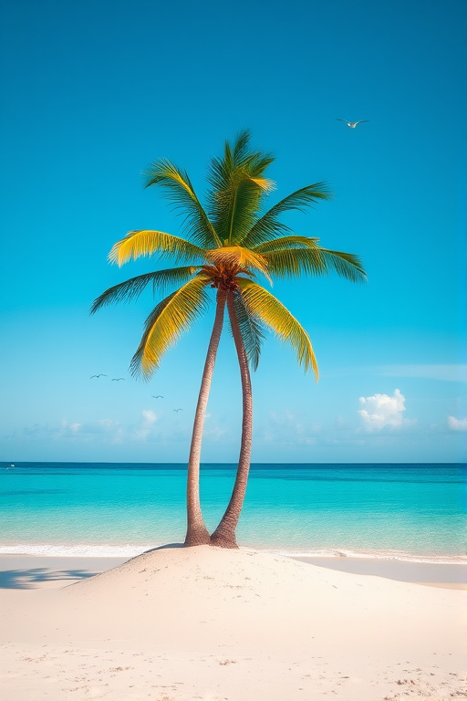 Create a vibrant tropical island scene with a clear blue sky, featuring two palm trees on a sandy beach, surrounded by calm turquoise water, with a few birds flying in the distance, captured using a DSLR camera with a 50mm lens, f/8 aperture, ISO 100, and a shallow depth of field for a crisp foreground and slightly blurred background.