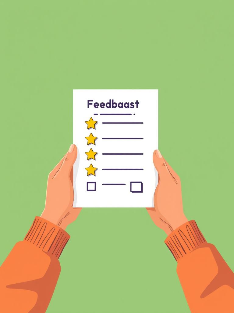 Create an illustration of a person holding a feedback form with yellow stars and a checked box on a green background, using a Canon EOS R5 camera, 50mm lens, f/1.8 aperture, ISO 100, and a slightly elevated angle for a dynamic perspective.
