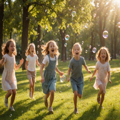 Warmly lit photo of a group of children chasing bubbles in a park, soft sunlight filtering through the trees, bubbles floating in the air, the smell of fresh grass and laughter creating a feeling of joy.