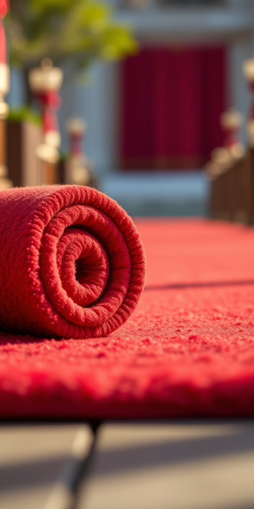 create a realistic image of a rolled red carpet lying on the ground, shot with a Canon EOS R5 at f/2.8, ISO 100, 1/200 sec, using a shallow depth of field, from a low angle viewpoint with soft natural lighting