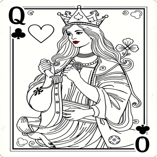 Regenerate an illustration of the Queen of Clubs playing card with intricate line art, using a DSLR camera with a 50mm lens, ISO 100, f/8 aperture, and a soft daylight setting for optimal clarity and detail.