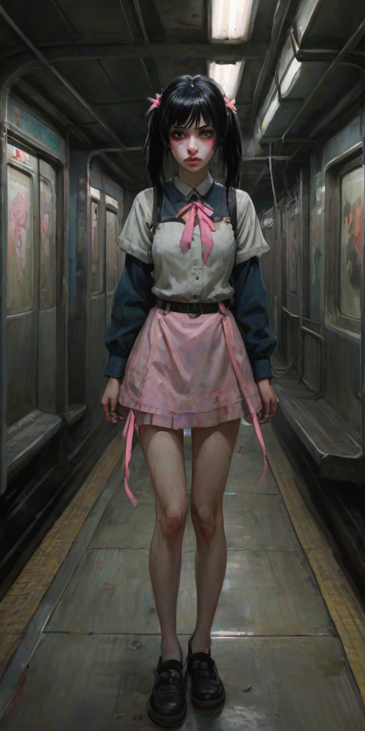 Darkness, horror, creepy, Impressionist Anime painting, metro 2033, disease, mine - type, mass - produced type, cross, slanted eyes, thick coating, twintails, ribbon, black hair, pink eyes, on metro station interior, horror movie atmosphere, dramatic light atmosphere, by Malcolm Liepke, Casey Baugh, jujin ito, and Nick Alm