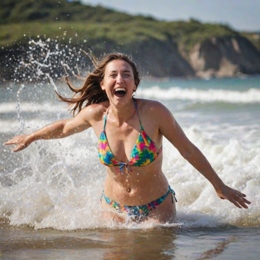 Blurry action shot of a woman enjoying a day at the beach, splashing water with her friends, wearing a colorful swimsuit and laughter echoing against the sound of waves.