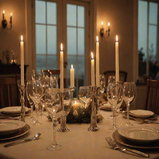 Warmly lit photo of a beautifully set dinner table with candles, soft light reflecting off the silverware and glassware, creating an intimate dining atmosphere.