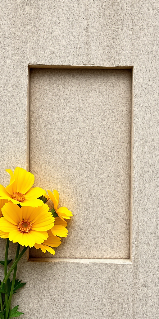 Generate an image of a textured frame with vibrant yellow flowers on the left side, using a 50mm lens at f/2.8 aperture, captured from a slight top-down view in natural light with a DSLR camera for high detail and clarity.