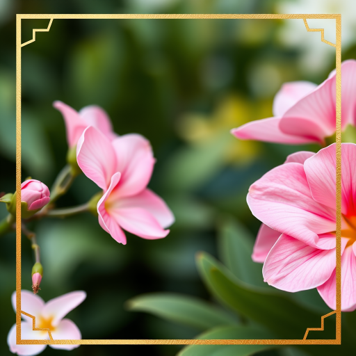Regenerate an elegant floral frame featuring pink flowers on one side, with a geometric golden border, shot in a close-up view, using a DSLR camera with a 50mm lens, aperture f/2.8, ISO 100, and natural lighting to enhance colors and details.