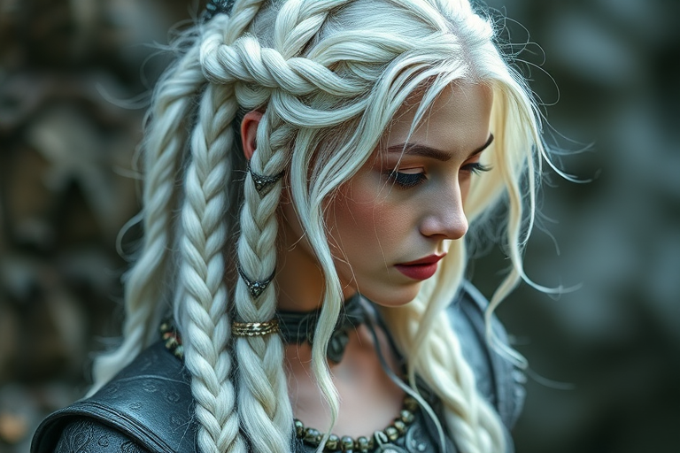 Silvery white waist-length braids adorned with metallic cuffs, dubbed "Moonlight Warrior," showcasing an ethereal, elven-inspired look with wispy tendrils