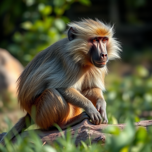 Regenerate the image of a baboon sitting on a log in a natural setting, shot with a DSLR camera at f/4 aperture, 1/500 shutter speed, ISO 200, using a 50mm lens, with a shallow depth of field and soft background blur to enhance detail and clarity.