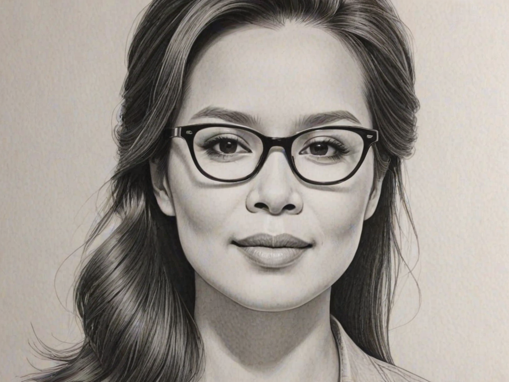 Magnificent Lea Salonga, pencil sketch, portrait of Magnificent woman 1971s in glasses, hair style beatnik, outline, clear lines, fine lines, 8k