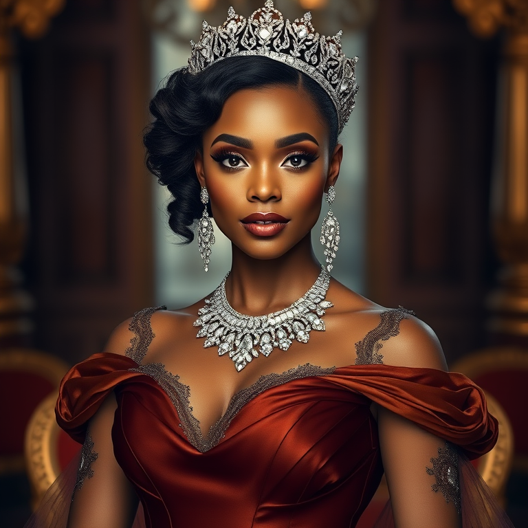 A gorgeous African American woman in a luxurious brown gown, accessorized with a dazzling tiara and statement earrings, her deep white eyes highlighted by impeccable makeup, poised in a royal setting, photorealistic, 8K quality