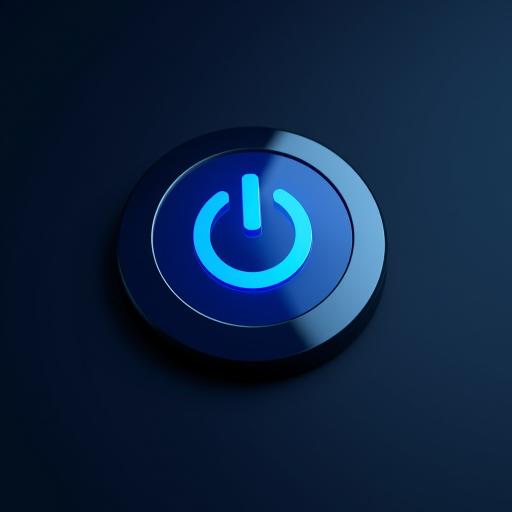 Create a high-resolution image of a blue power button icon with a glossy finish on a dark background, 50mm lens, f/2.8 aperture, ISO 100, taken with a DSLR camera from a straight-on view, using a studio lighting setup to enhance reflections and depth.