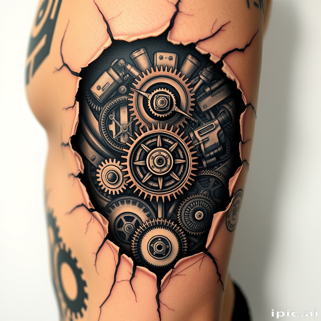Biomechanical tattoo revealing intricate mechanical components beneath torn skin, hyper-realistic details of gears and wires, fusion of organic and industrial elements for a sci-fi inspired look
