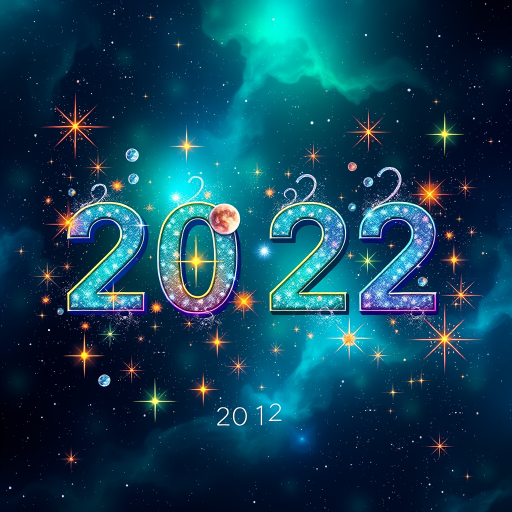 Create a vibrant and colorful illustration of the year 2022 surrounded by sparkling stars and a cosmic background featuring deep greens and blues, captured with a DSLR camera at f/2.8 aperture, ISO 100, 1/60 second shutter speed, wide angle lens, and high dynamic range settings for enhanced clarity and detail.