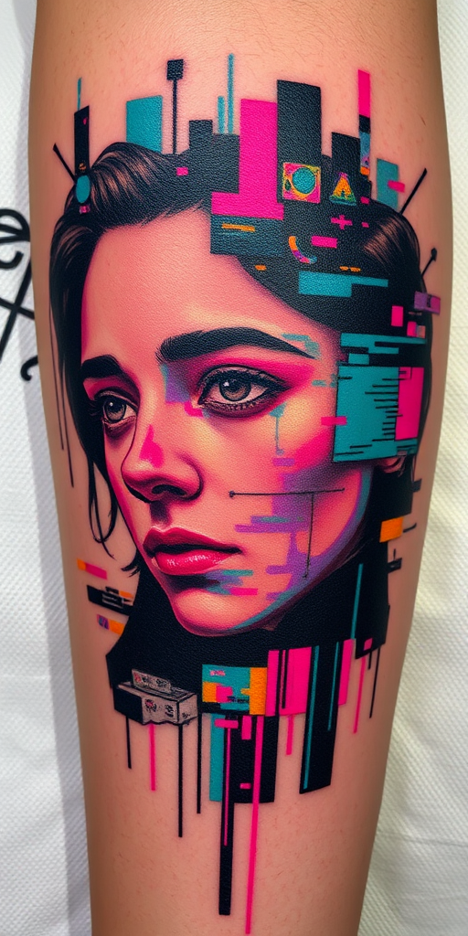 Glitch art tattoo named "Digital Distortion" incorporating pixelated elements and color shifts to create the illusion of a digital malfunction within an otherwise realistic image