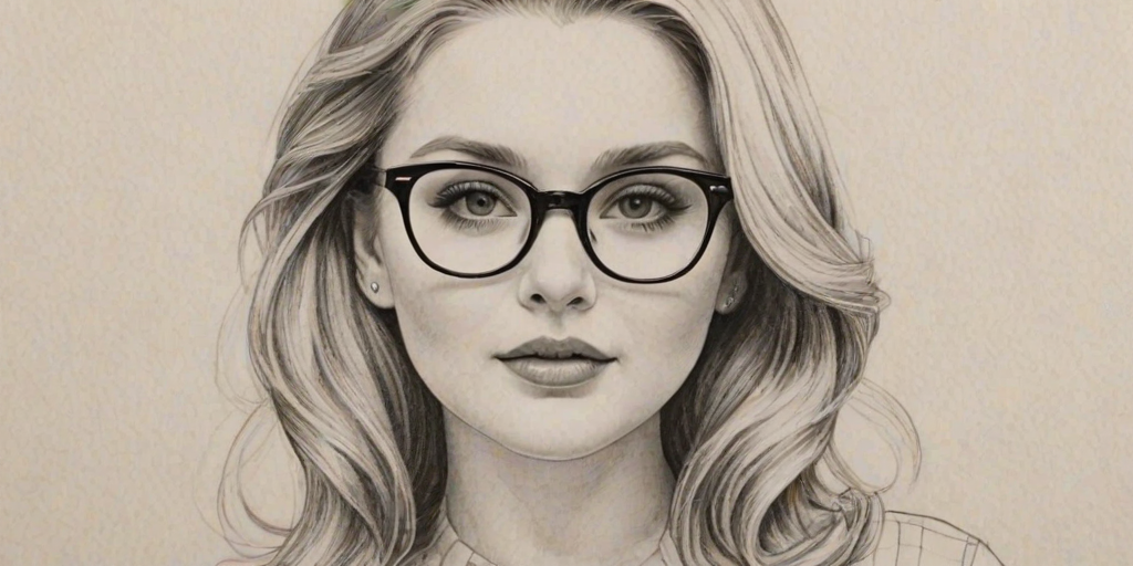 Delightful Abigail Breslin, pencil sketch, portrait of Graceful woman 1959s in glasses, hair style beatnik, outline, clear lines, fine lines, 8k