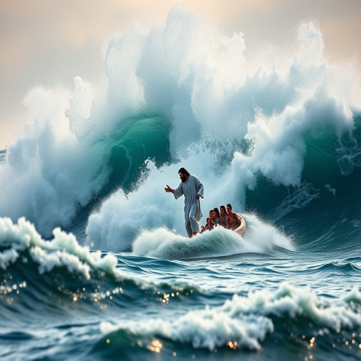 Create a dramatic scene of Jesus walking on water amidst towering waves, with a boat of disciples in awe, captured using a DSLR camera with a 50mm lens, f/1.8 aperture, ISO 200, at a low angle with soft natural lighting to enhance depth and emotion.