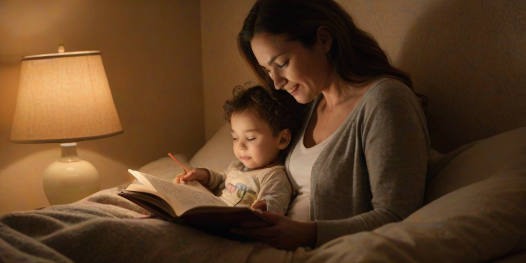 High-resolution, warmly lit image of a mother reading a bedtime story to her child, soft glow from a nearby lamp illuminating the pages, the child's eyes wide with wonder, a blanket pulled up to their chin, shadows from the storybook dancing on the walls.