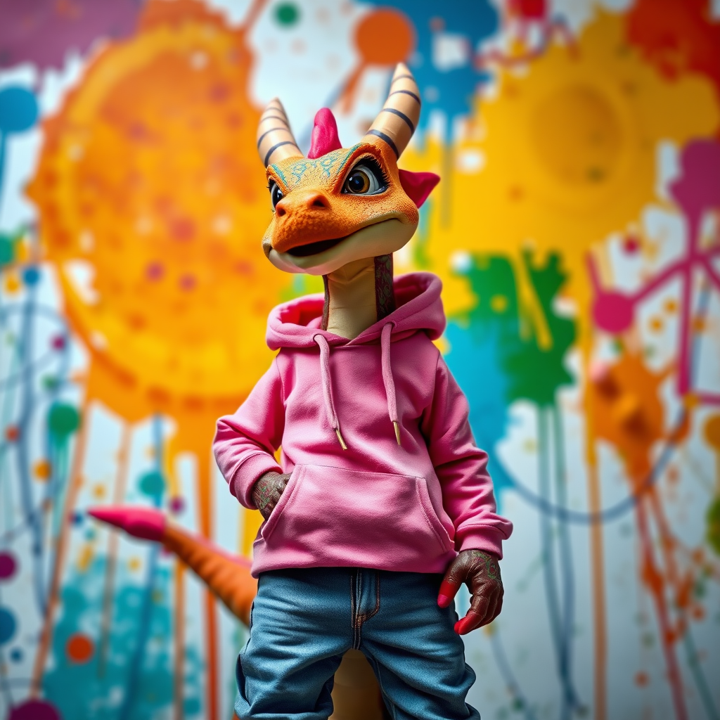 A vibrant dragon character in a pink hoodie and jeans stands confidently against a colorful, abstract splatter background, captured with a DSLR camera, 35mm lens, f/2.8 aperture, ISO 100, low-angle view, shallow depth of field for a sharp subject and blurred background.