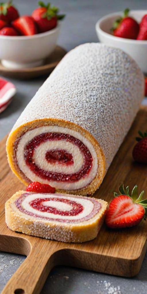 Generate an image of a Swiss roll dessert filled with cream and strawberry jam, garnished with fresh strawberries. The roll should have a soft, spongy texture and be dusted with powdered sugar, placed on a wooden cutting board.