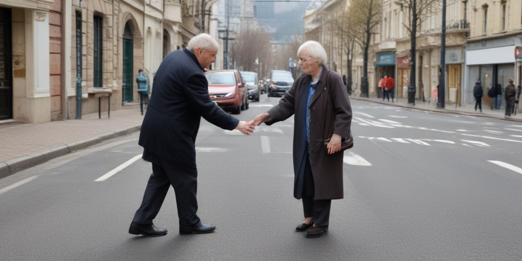 a person helping an elderly person across a road in a city