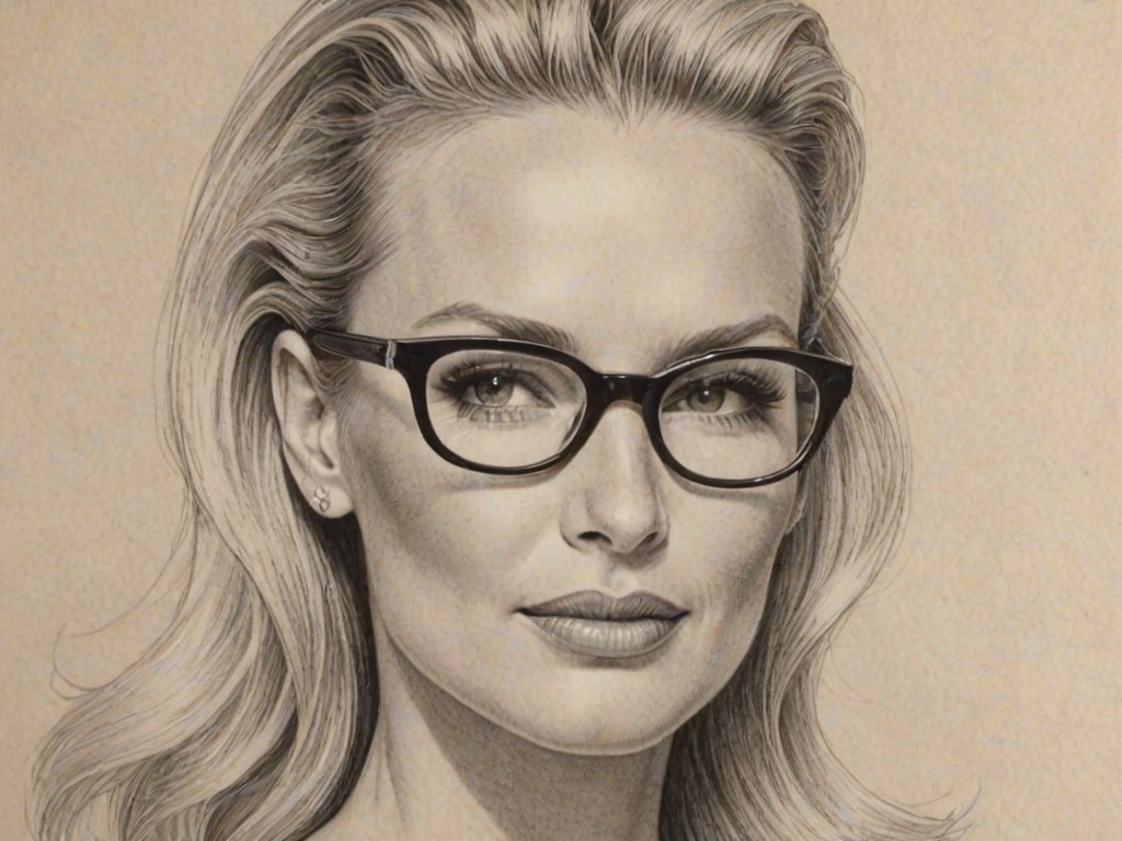 Fascinating Nicolette Sheridan, pencil sketch, portrait of Stunning woman 1952s in glasses, hair style beatnik, outline, clear lines, fine lines, 8k