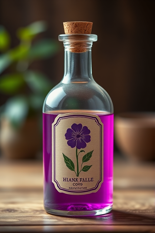 Create a digital illustration of a vintage glass bottle with a cork stopper filled with purple liquid, featuring a label with a simple design of a purple flower and green leaves, using a soft focus effect, lighting that highlights the glass, shot from a slightly elevated angle, with a resolution of 4K.