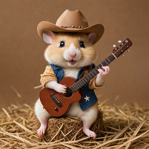 A chibi hamster, dressed as a cowboy, playing guitar, sitting on a hay bale
