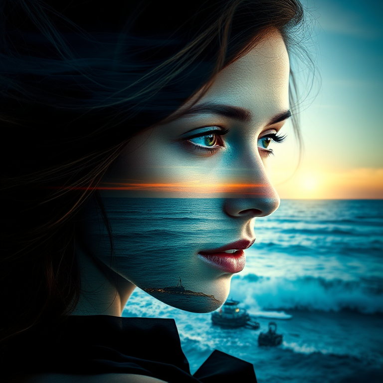 this photo is Book cover, A surreal double exposure portrait that blends a woman's face with a beautiful seascape. The overall mood is dreamy and mystical, with rich colors and intricate details