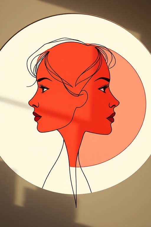 Create an abstract line art image of two faces in profile against large overlapping circles, using a Canon EOS R5 camera with a 50mm f/1.2 lens, aperture set to f/1.4, ISO 100, shot from a low angle for dramatic effect, in soft natural lighting to enhance the smooth contours and shadows.