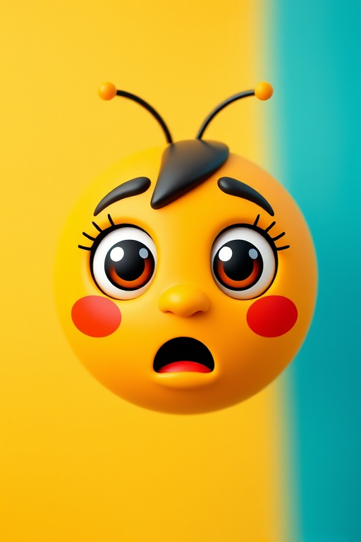 Create a vibrant, 3D cartoon emoji character with large, expressive eyes, a surprised mouth, and small antennae on top, centered in the frame against a brightly colored background, using a DSLR camera with a 50mm lens, aperture set to f/1.8 for a shallow depth of field, ISO 100, and soft natural lighting to enhance details and textures.