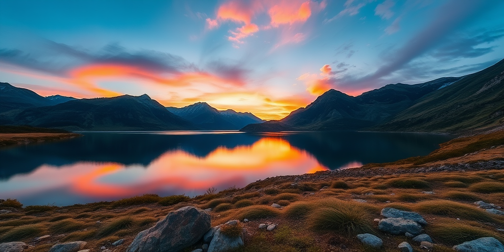 Create a high-resolution image of a serene landscape with a calm lake surrounded by mountains at sunset, using a Canon EOS R5 camera, 24mm lens, f/8 aperture, ISO 100, and a 1/125 second shutter speed, capturing a wide-angle view with vibrant colors and soft lighting.