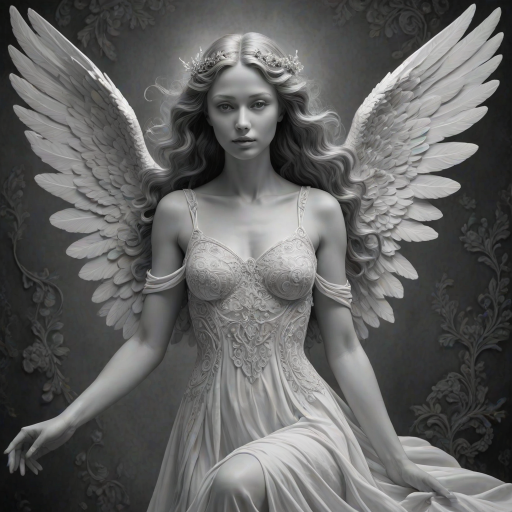 An angel, crafted in the unique style of Folk Art, as she unfolds herself against an ethereal backdrop, her wings softly billowing, face radiating a heavenly glow, every curl in her strikingly serene countenance finely brushed, monochrome, detailed techniques, ultra fine, breathtaking surreal masterpiece