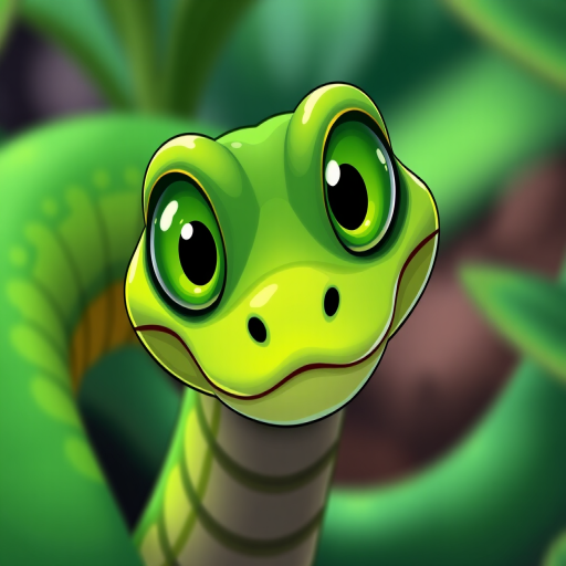 Create a vibrant, cartoon-style illustration of a green snake with large, expressive green eyes and a playful grin, using a 50mm lens at f/2.8 to achieve a shallow depth of field, shot from a slightly low angle to add dynamism, using a digital illustration style to enhance colors and details.