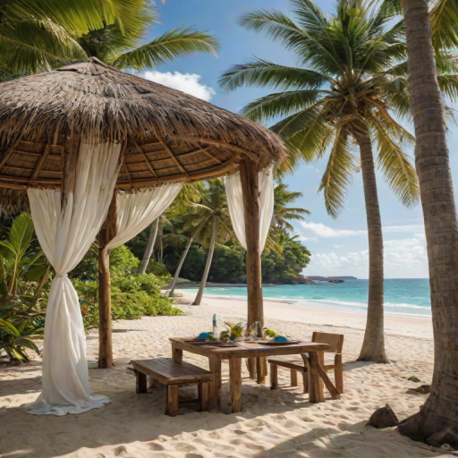 Create a picturesque tropical beach scene featuring a serene, white sandy shore. In the foreground, there's a rustic wooden canopy with white drapes gently flowing in the breeze. Underneath the canopy, a table is set with tropical decor, evoking a sense of relaxation and leisure. The beach extends into a calm, shallow water area with reflections of the sky and surroundings. Palm trees and lush greenery line the edge of the beach, providing a natural, tropical backdrop. The sky is clear with a few scattered clouds, and the overall atmosphere is tranquil and inviting, perfect for a peaceful retreat.