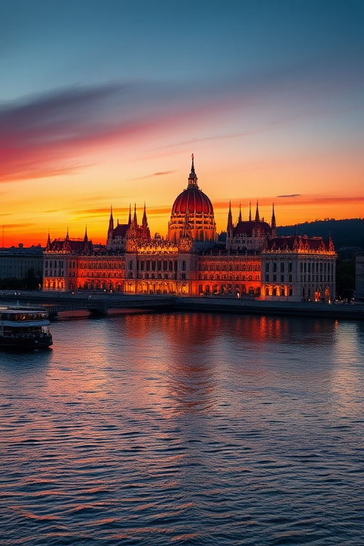 sunset view of the Hungarian Parliament building along the Danube River, atmospheric lighting, vibrant colors, 35mm lens, f/8 aperture, ISO 200, 1/250 sec shutter speed, HDR photography, full-frame camera