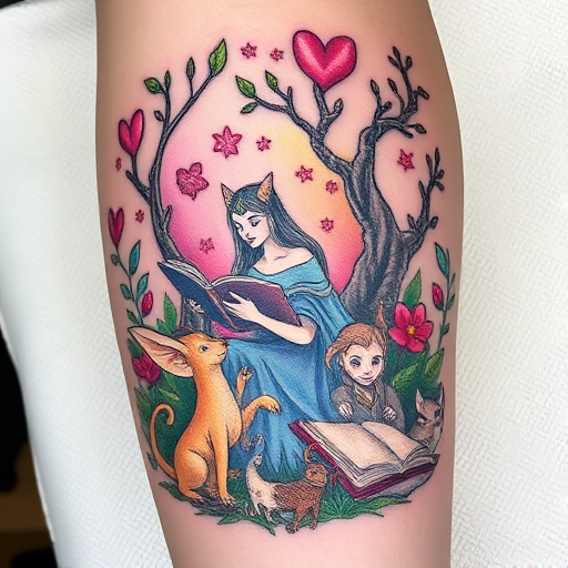Illustrative tattoo titled "Fairytale Menagerie" portraying a whimsical collection of storybook characters and mythical creatures intertwined in a enchanted forest scene with soft color gradients