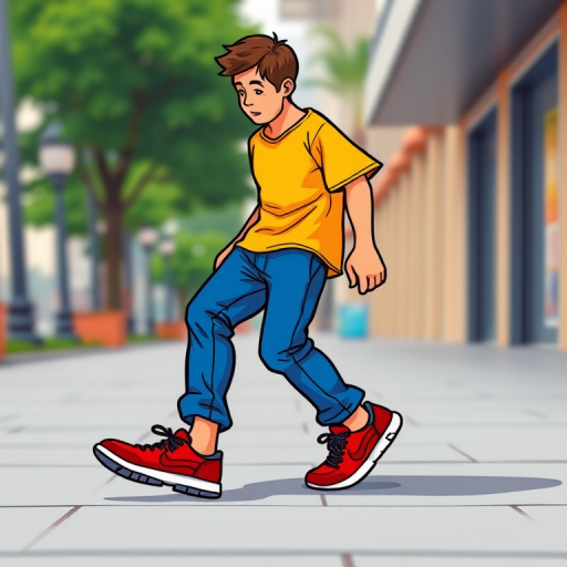 Cartoon character of a man walking, wearing a yellow shirt and blue pants, with red sneakers, viewed from a low angle, using a digital art style with high saturation and crisp lines, set with a focal length of 35mm and aperture f/4 to enhance detail and clarity.