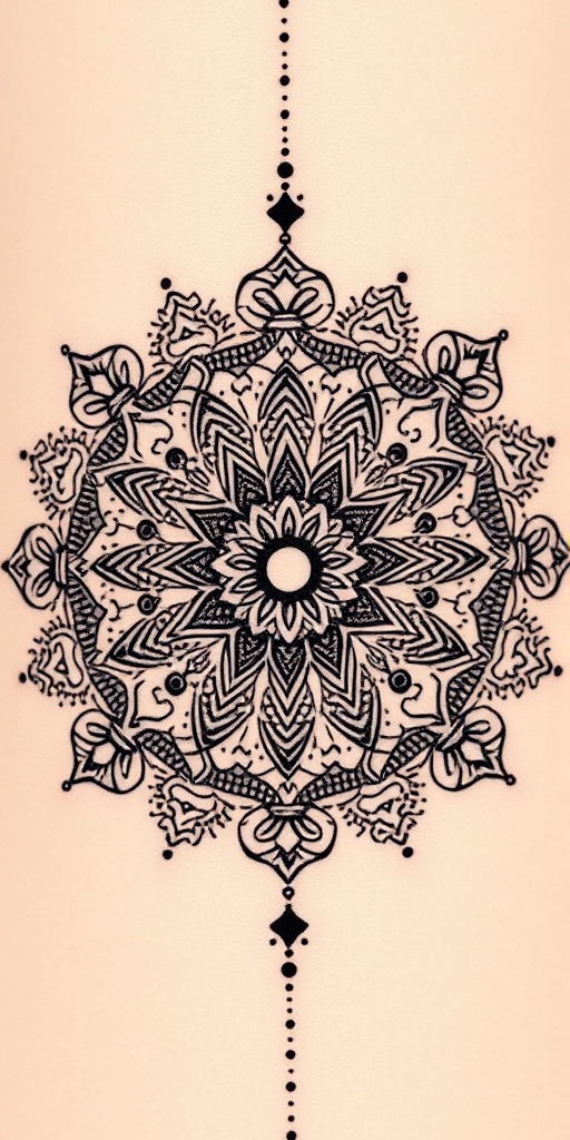 Dotwork mandala tattoo named "Cosmic Symmetry" featuring an intricate circular design composed of thousands of tiny dots, representing the universe's interconnectedness, renowned for its meticulous detail and meditative quality