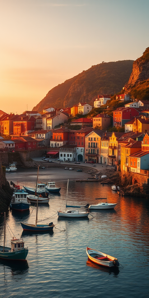 Softly lit, wide-angle shot of a coastal village at sunset, soft golden light reflecting off the water, with small fishing boats gently bobbing in the harbor and colorful homes lining the shore.