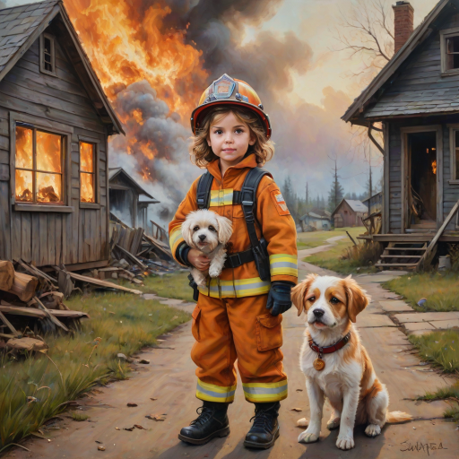 airbrushed oil painting, pixar style, cute little girl in fireman gear, helmet, tousled hair, expressive eyes, standing in the doorstep of a cottage burning behind him, holding a cute little dog in her arm, atumn sky