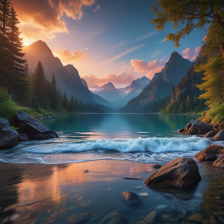 Serene Sunset Over Majestic Mountains Reflected in Tranquil Lake Waters