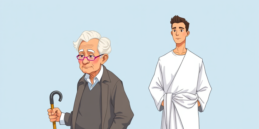 Create an illustration of an elderly man with gray hair using a cane standing next to a younger man in a white outfit, both against a light blue background, using a digital illustration style with high resolution, 300 DPI, 24mm lens, and a shallow depth of field for enhanced clarity.