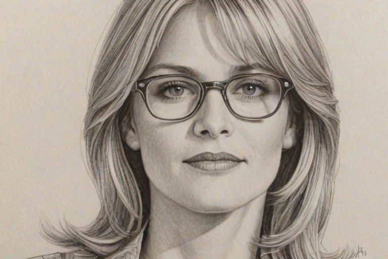 Resplendent Courtney Thorne-Smith, pencil sketch, portrait of Comely woman 1975s in glasses, hair style beatnik, outline, clear lines, fine lines, 8k