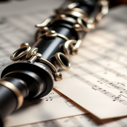 Close-up shot of a clarinet resting on scattered sheet music, natural light, shallow depth of field, 50mm lens, f/1.8 aperture, ISO 100, soft focus background.