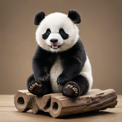 This is a high-resolution photograph of a angry panda named Huahua, depicted with her distinctive black and white fur, sitting gracefully on a wooden log. Huahua is dressed in an adorable pastel-colored dress adorned with delicate frills and bows, adding a touch of whimsy to her natural charm. The dress is detailed with intricate patterns and soft textures, creating a lifelike contrast to her fluffy fur.