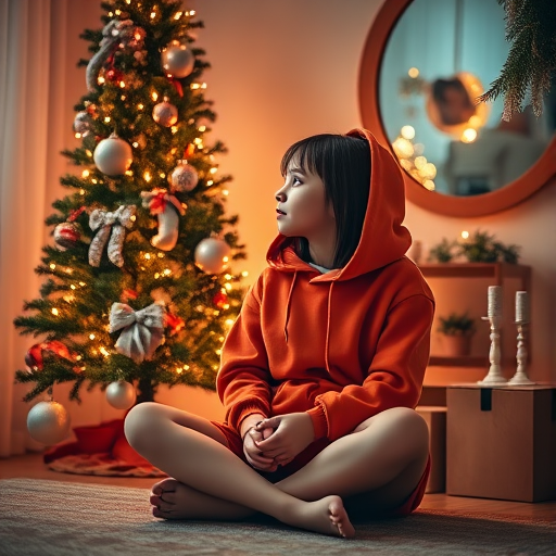 A cozy holiday scene featuring a girl in an orange hoodie sitting cross-legged by a decorated Christmas tree, with reflections in a mirror, warm lighting, taken with a Canon EOS 5D Mark IV, 50mm lens, f/1.8, ISO 200, and soft focus to enhance the dreamy atmosphere.